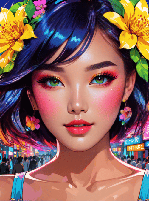 woman, cityscape, neon