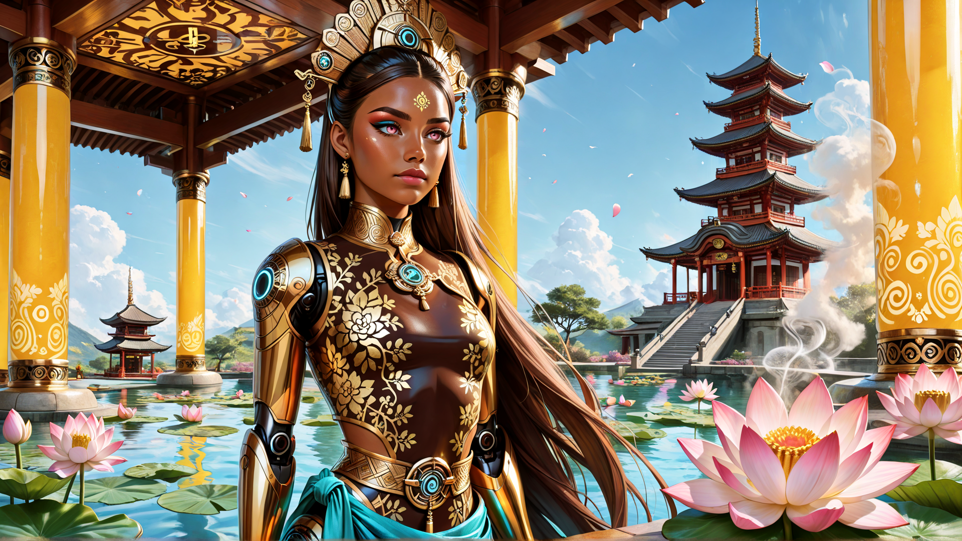 AI generated wallpaper featuring woman, lotus, pagoda, columns, water, flower, jewelry, armor, dragon, tree