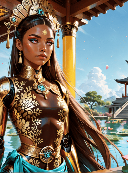 woman, lotus, pagoda, columns, water, flower, jewelry, armor, dragon, tree