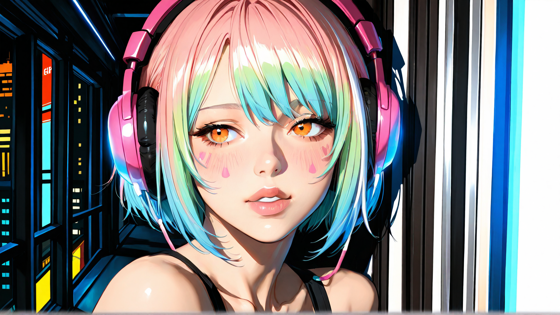 AI generated wallpaper featuring girl, headphones, hair, window, cityscape
