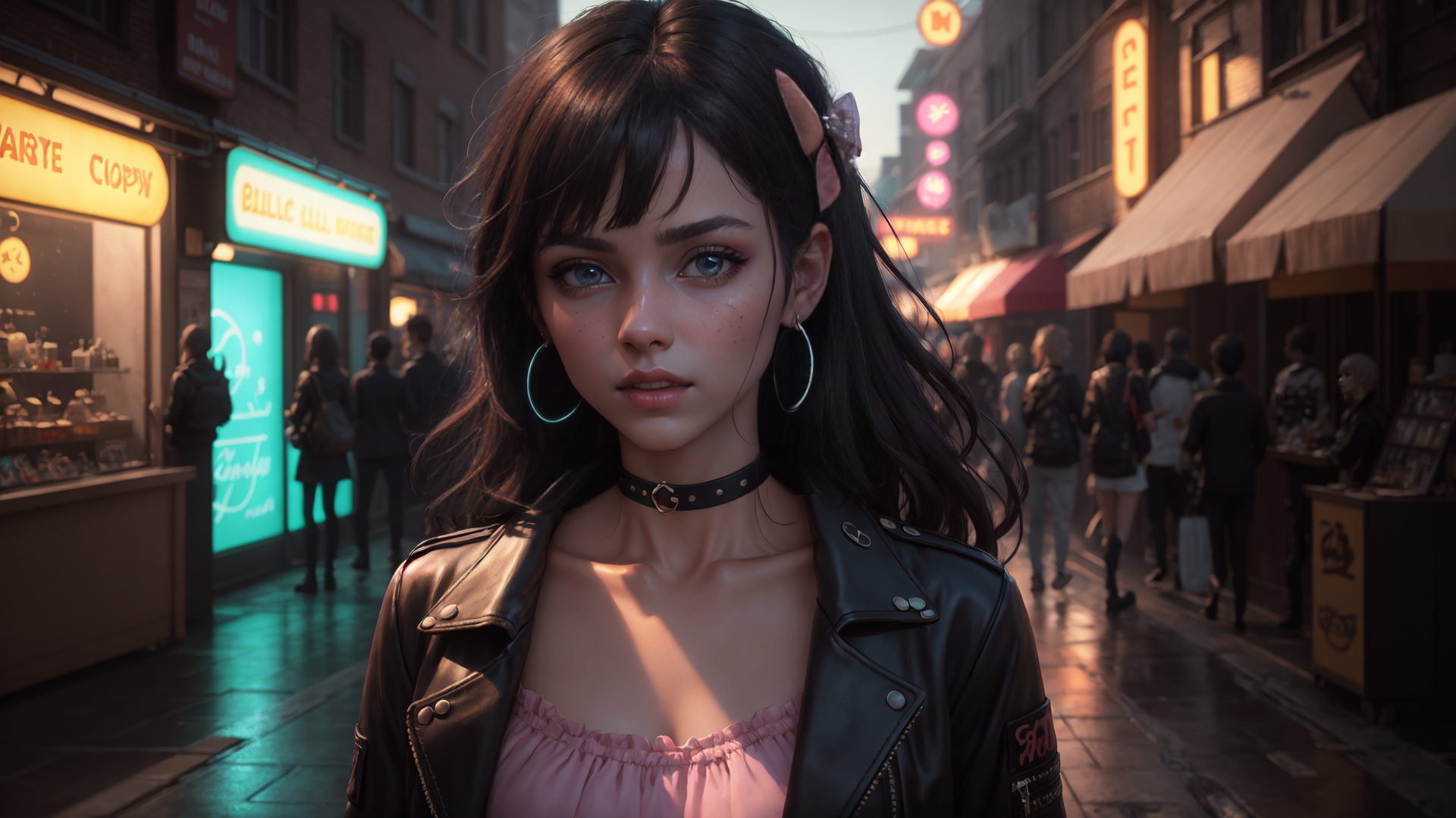 AI generated wallpaper featuring woman, street, city
