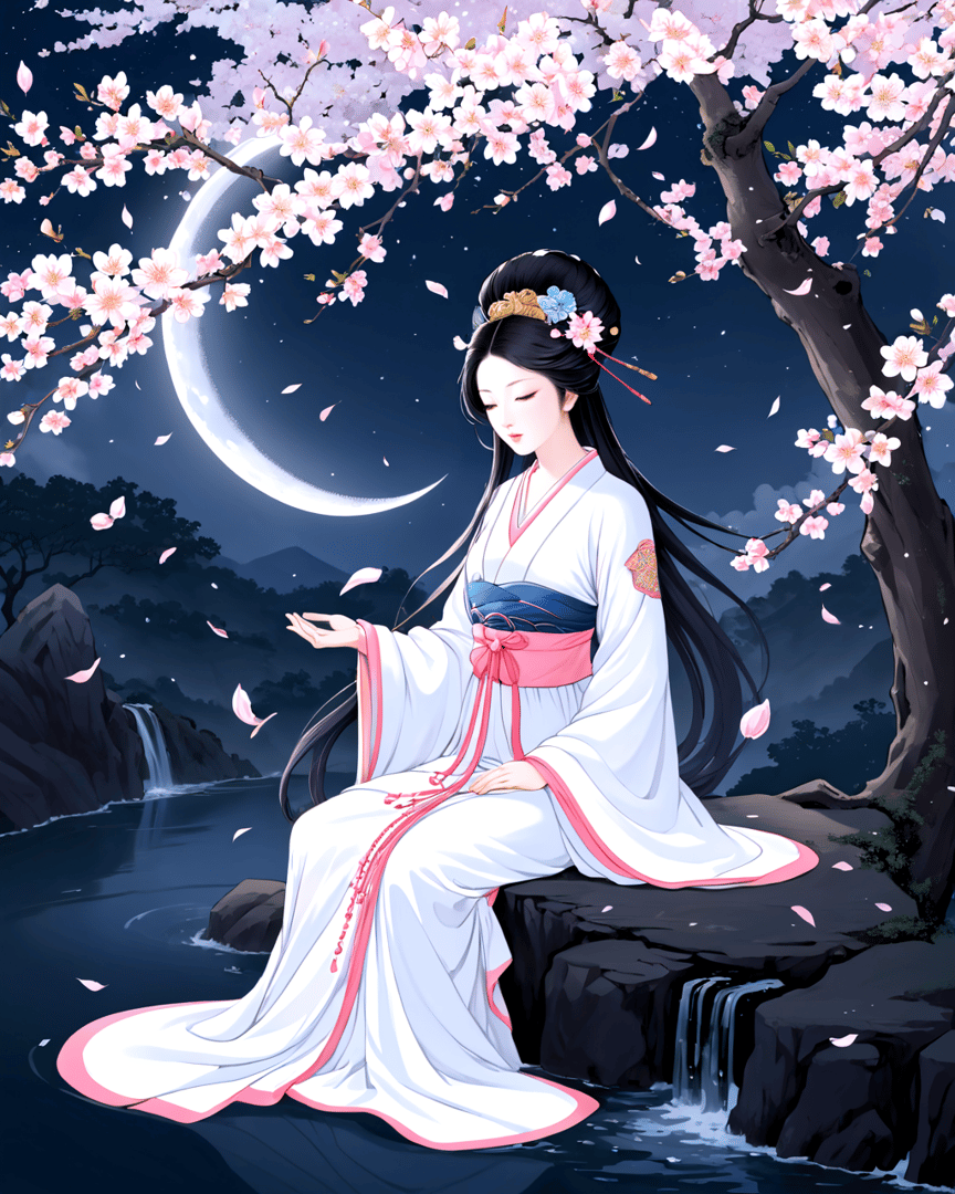 AI generated wallpaper featuring woman, cherry blossom, moon, waterfall, rock, hanfu, petals, tree, mountain, river