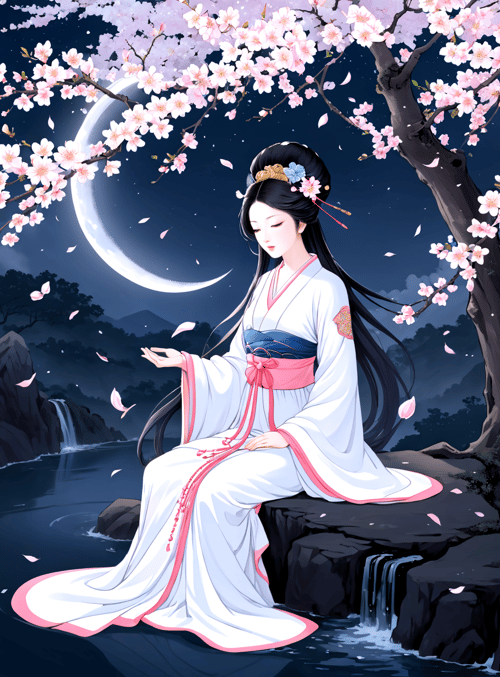 woman, cherry blossom, moon, waterfall, rock, hanfu, petals, tree, mountain, river