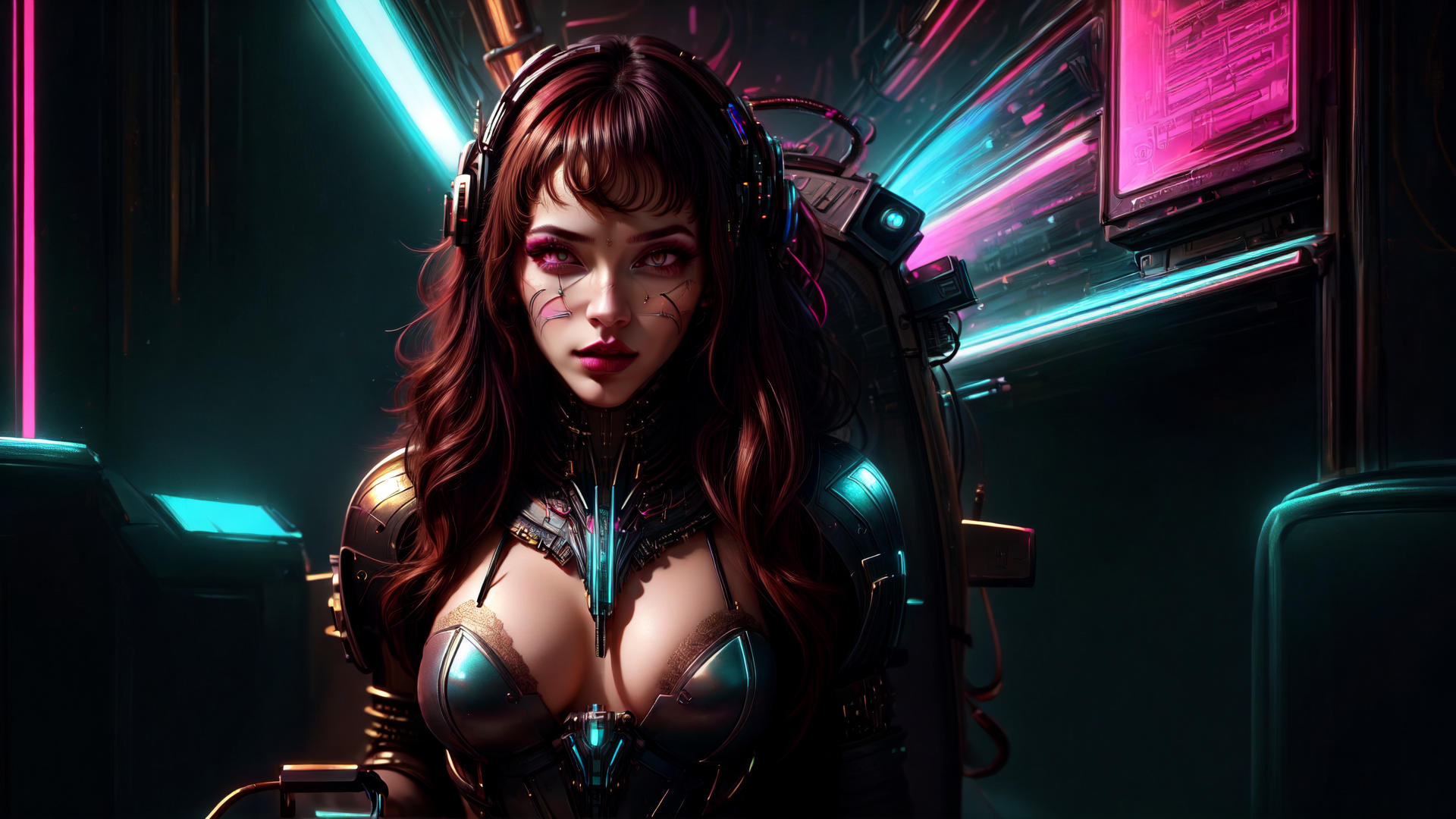 AI generated wallpaper featuring woman, cyborg, neon, headset, armor, screen, gloves, hair, monitor, screws