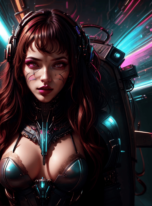 woman, cyborg, neon, headset, armor, screen, gloves, hair, monitor, screws
