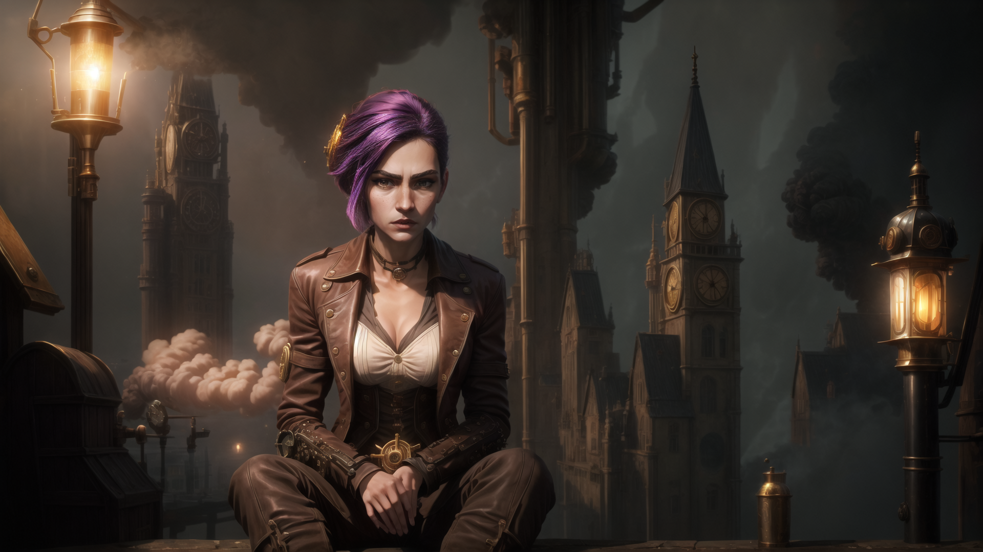 AI generated wallpaper featuring woman, steampunk, cityscape