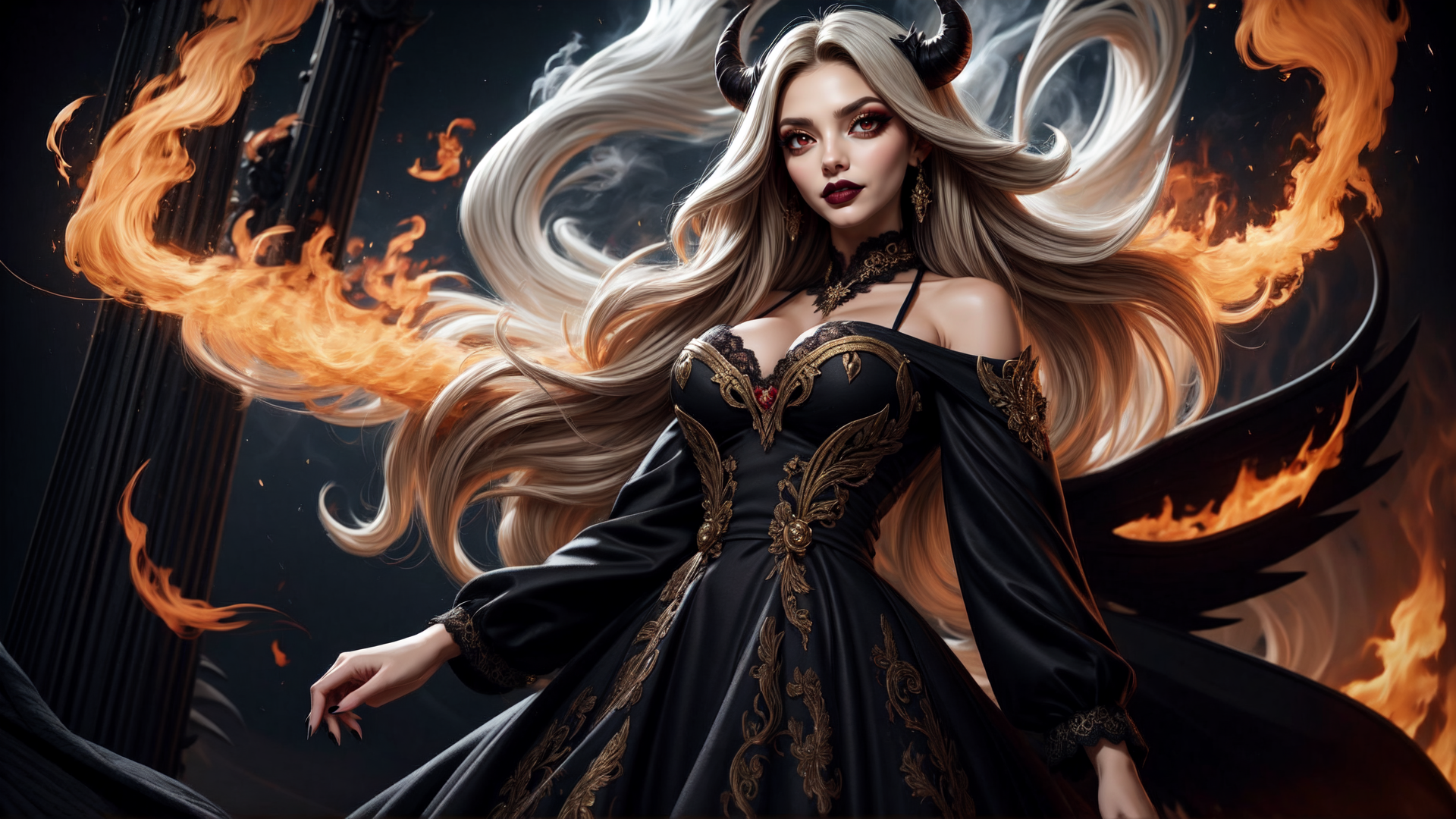 AI generated wallpaper featuring woman, fire, angel, horn, dress, hair, flame, wing, fashion, gothic