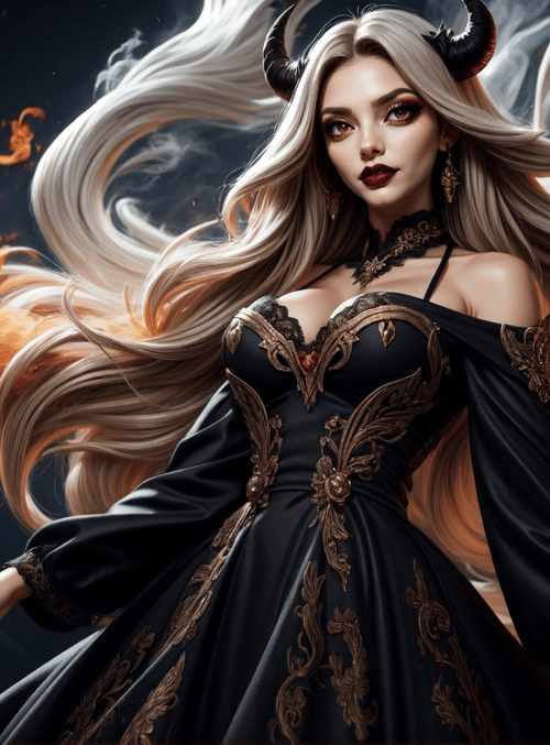 woman, fire, angel, horn, dress, hair, flame, wing, fashion, gothic