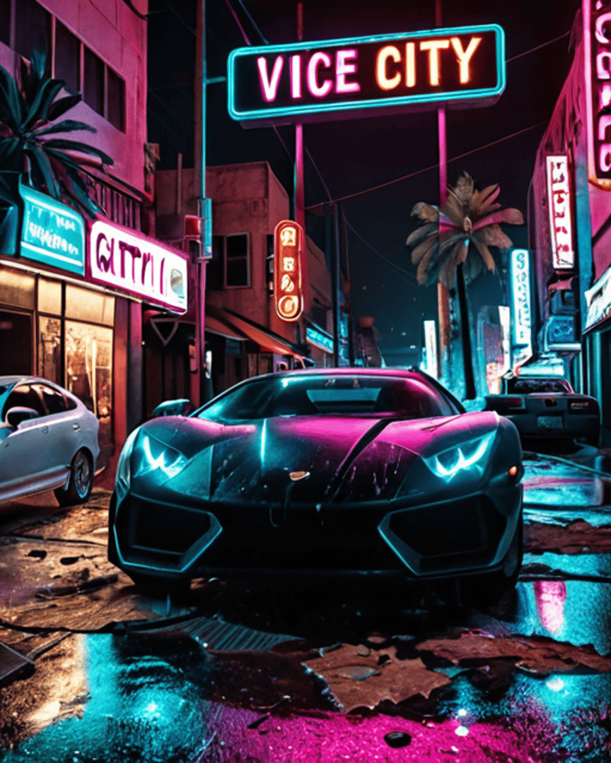 AI generated wallpaper featuring sports car, neon sign, street