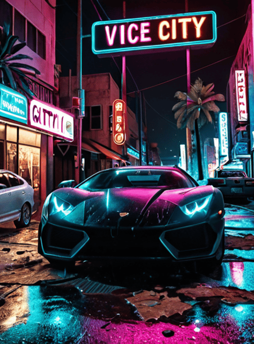 sports car, neon sign, street