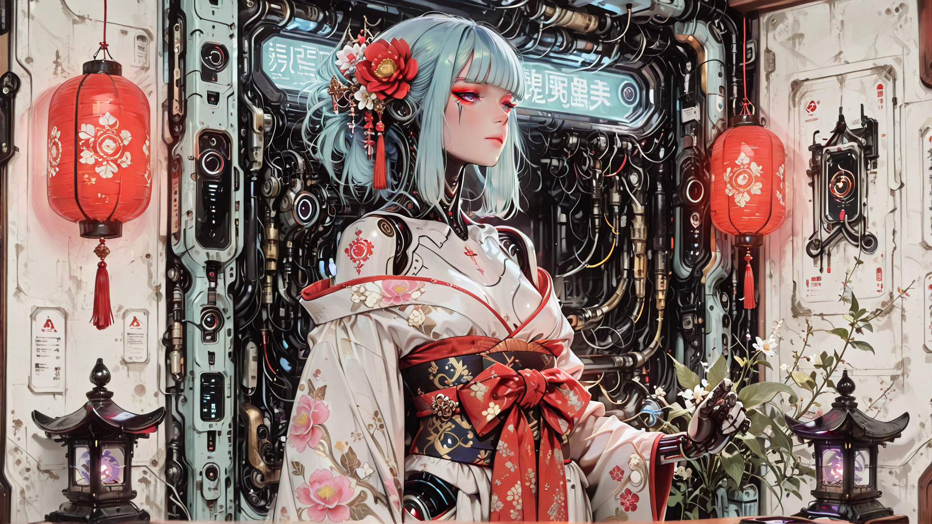 AI generated wallpaper featuring cyborg, geisha, red lantern, mechanical, kimono, flower, robot, cherry blossom, sakura, steampunk