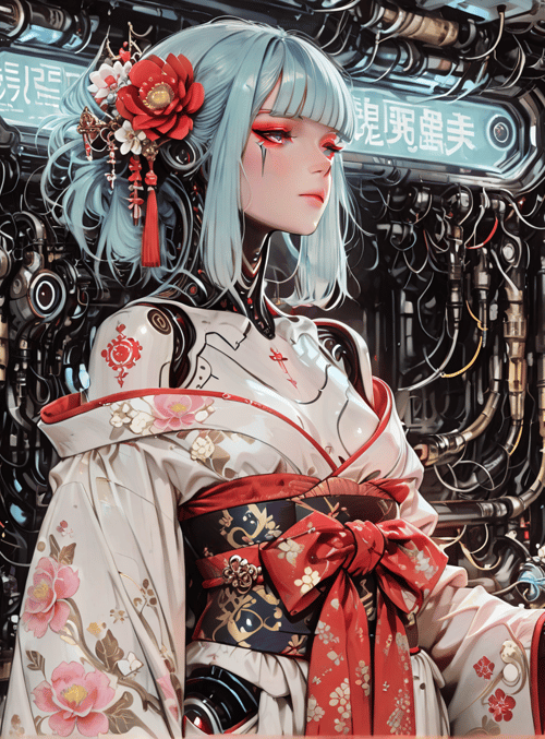 cyborg, geisha, red lantern, mechanical, kimono, flower, robot, cherry blossom, sakura, steampunk