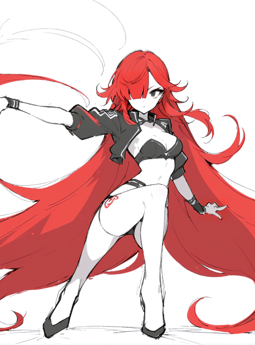 anime girl, red hair, cape, outfit