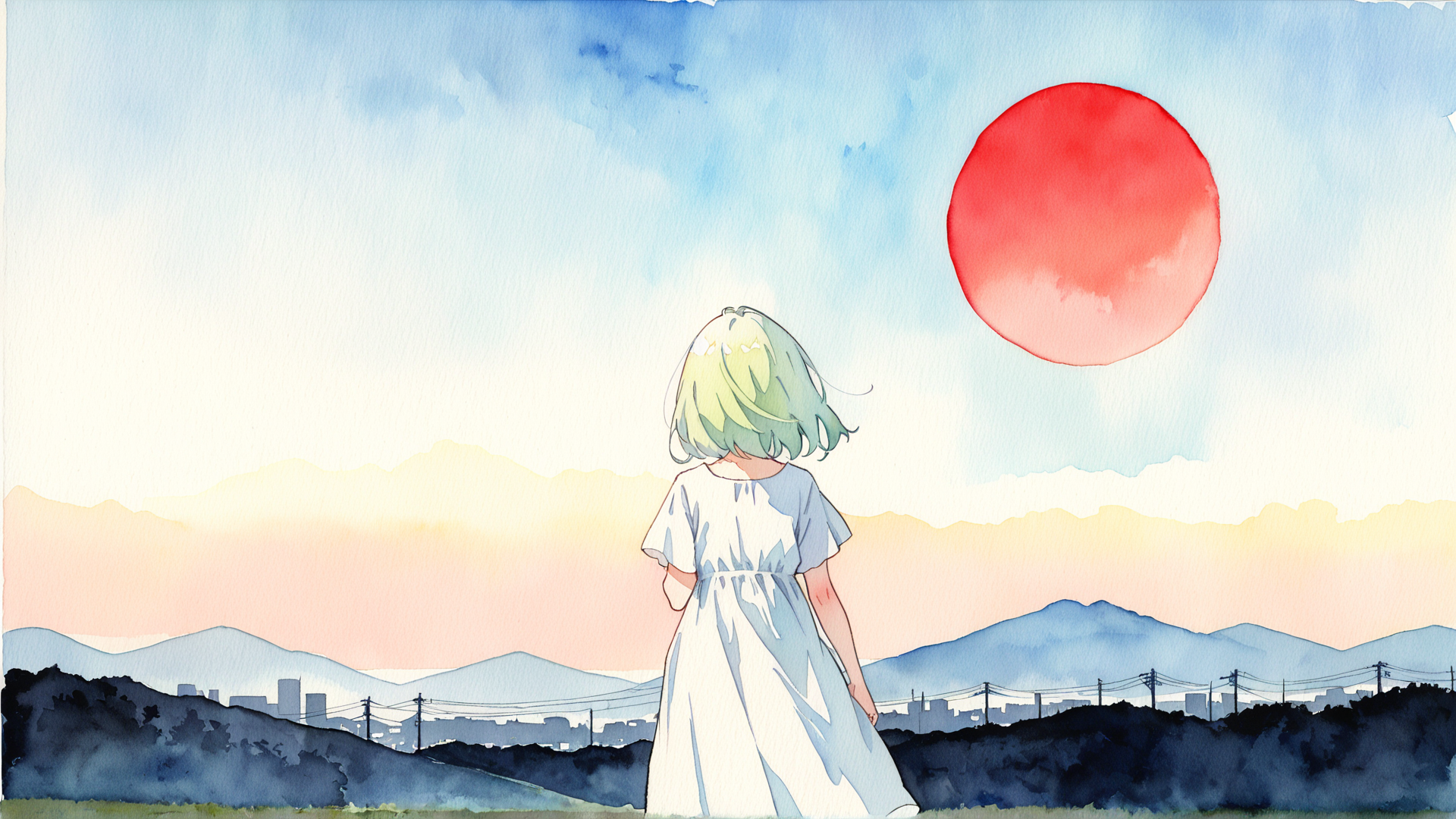 AI generated wallpaper featuring girl, sun, mountains, sky, dress