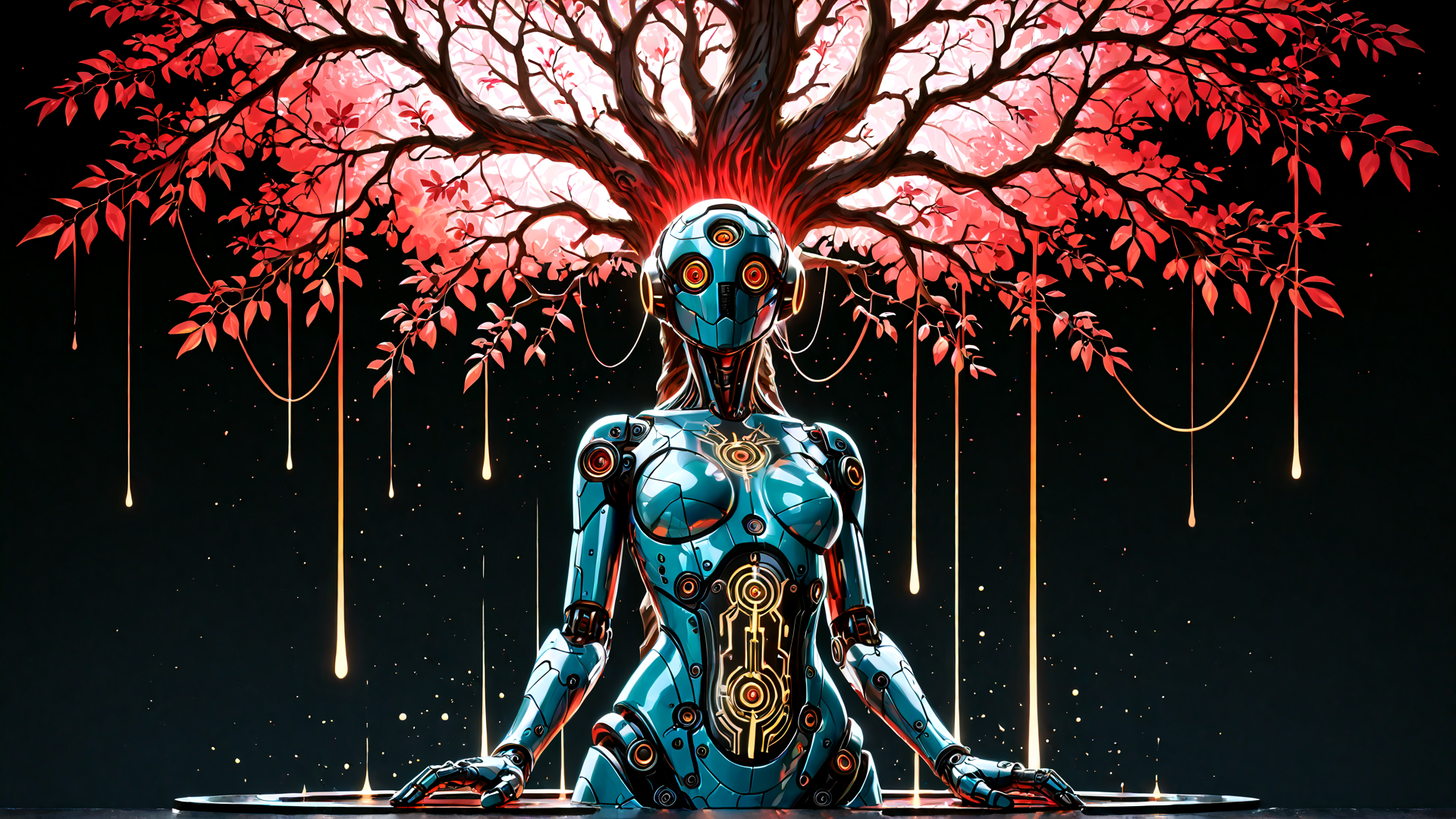 AI generated wallpaper featuring robot, tree, cherry blossom, artificial intelligence