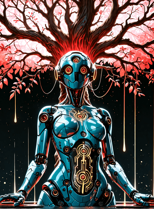 robot, tree, cherry blossom, artificial intelligence