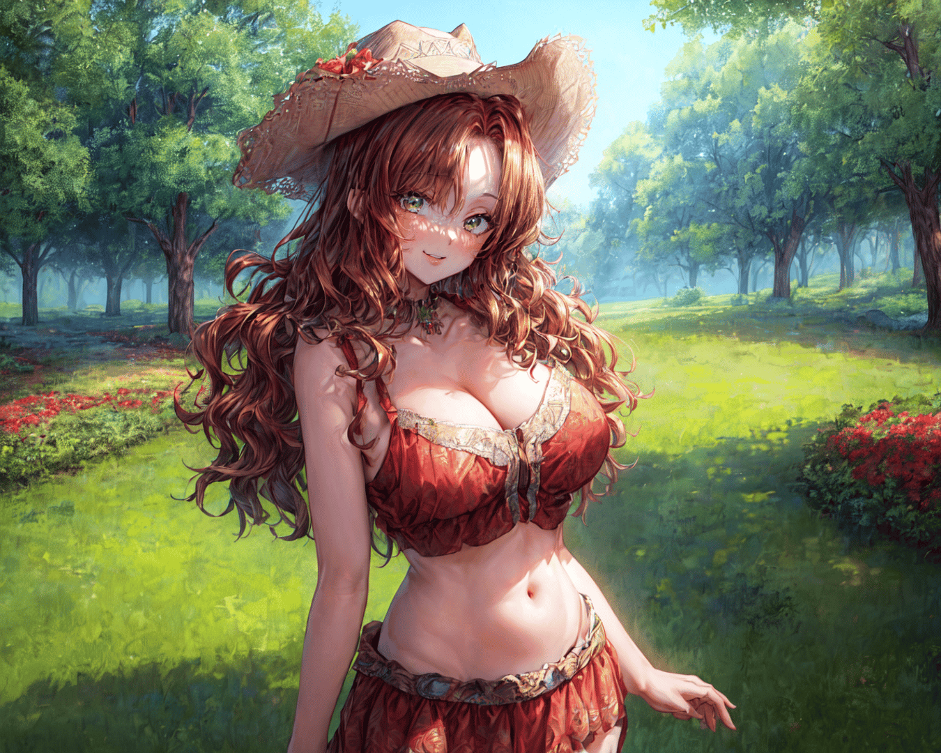 AI generated wallpaper featuring woman, cowboy hat, nature