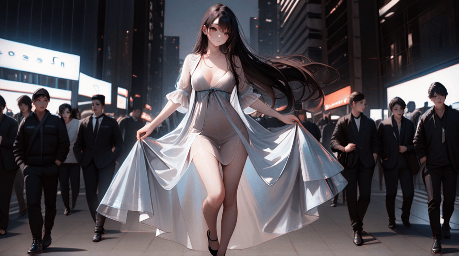 AI generated wallpaper featuring woman, city, people