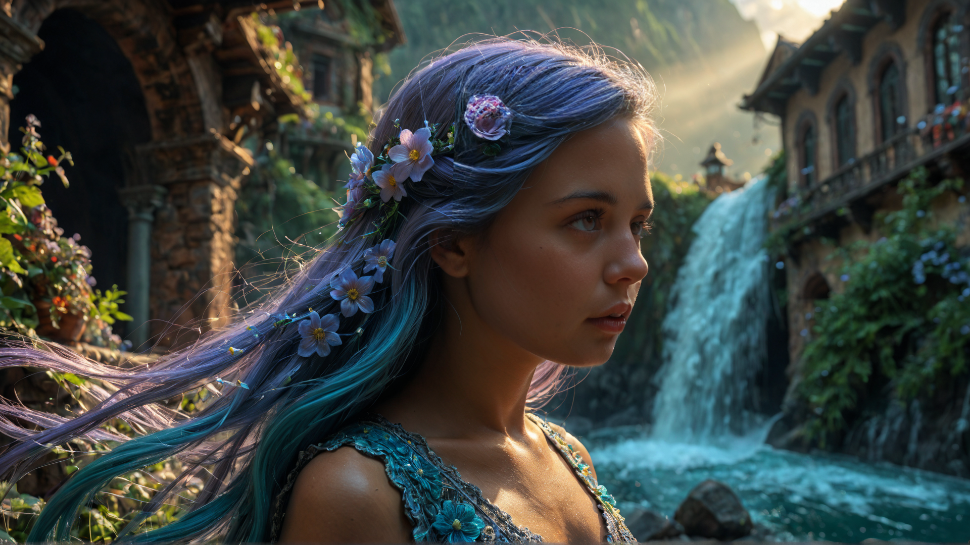 AI generated wallpaper featuring woman, waterfall, flowers