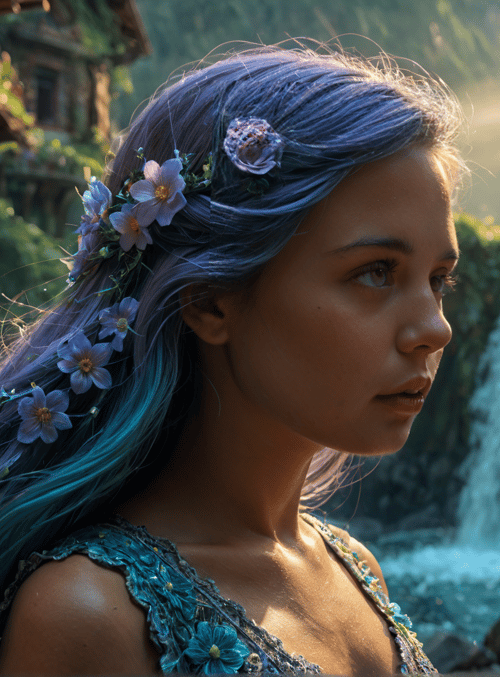woman, waterfall, flowers