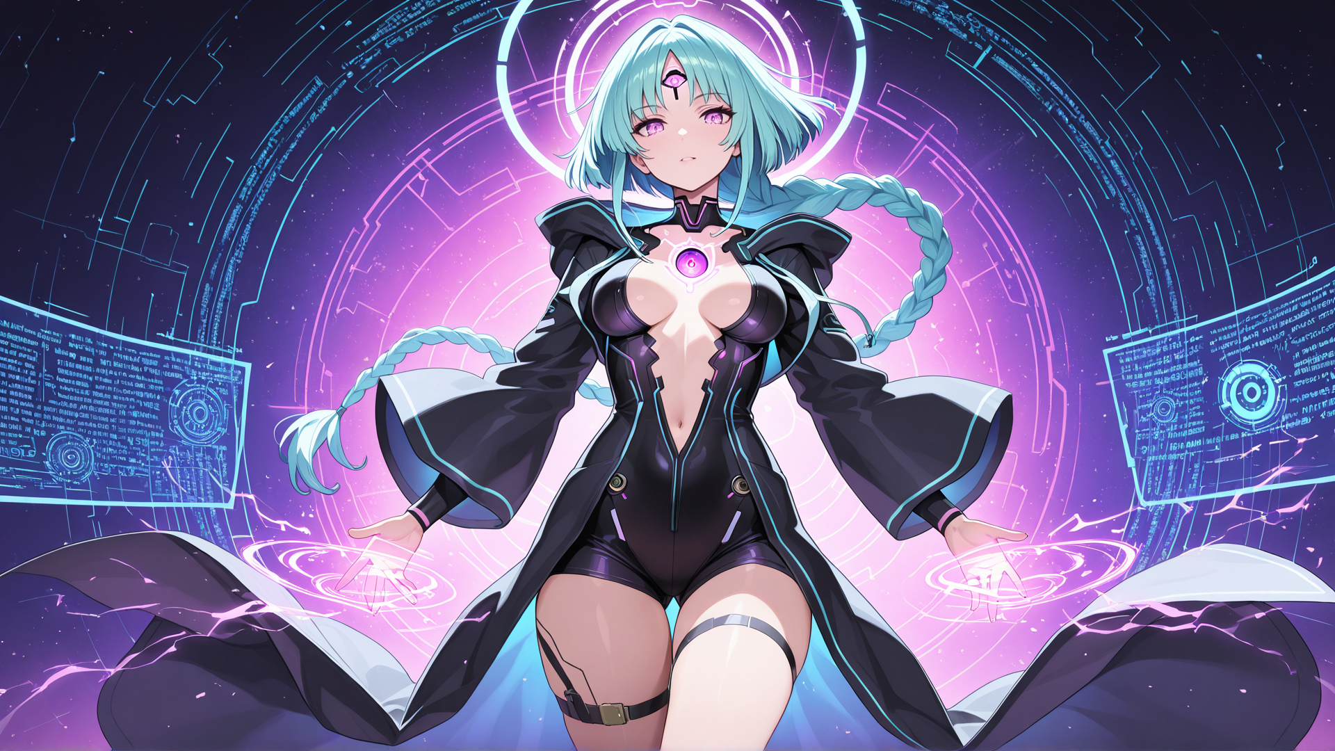 AI generated wallpaper featuring cyberpunk, anime, fembot
