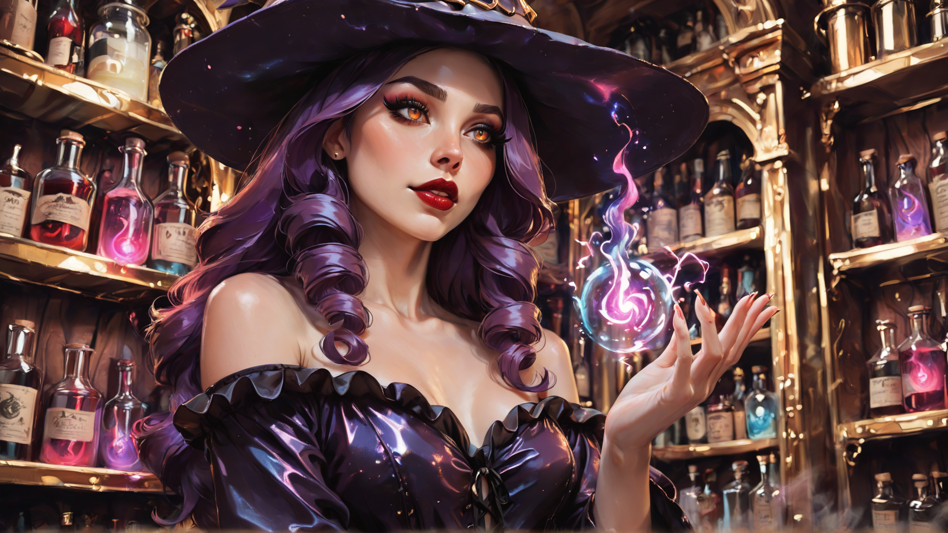 AI generated wallpaper featuring witch, bottle, magic, witch hat, curly hair, glass, spell, alchemy, vial, shelves
