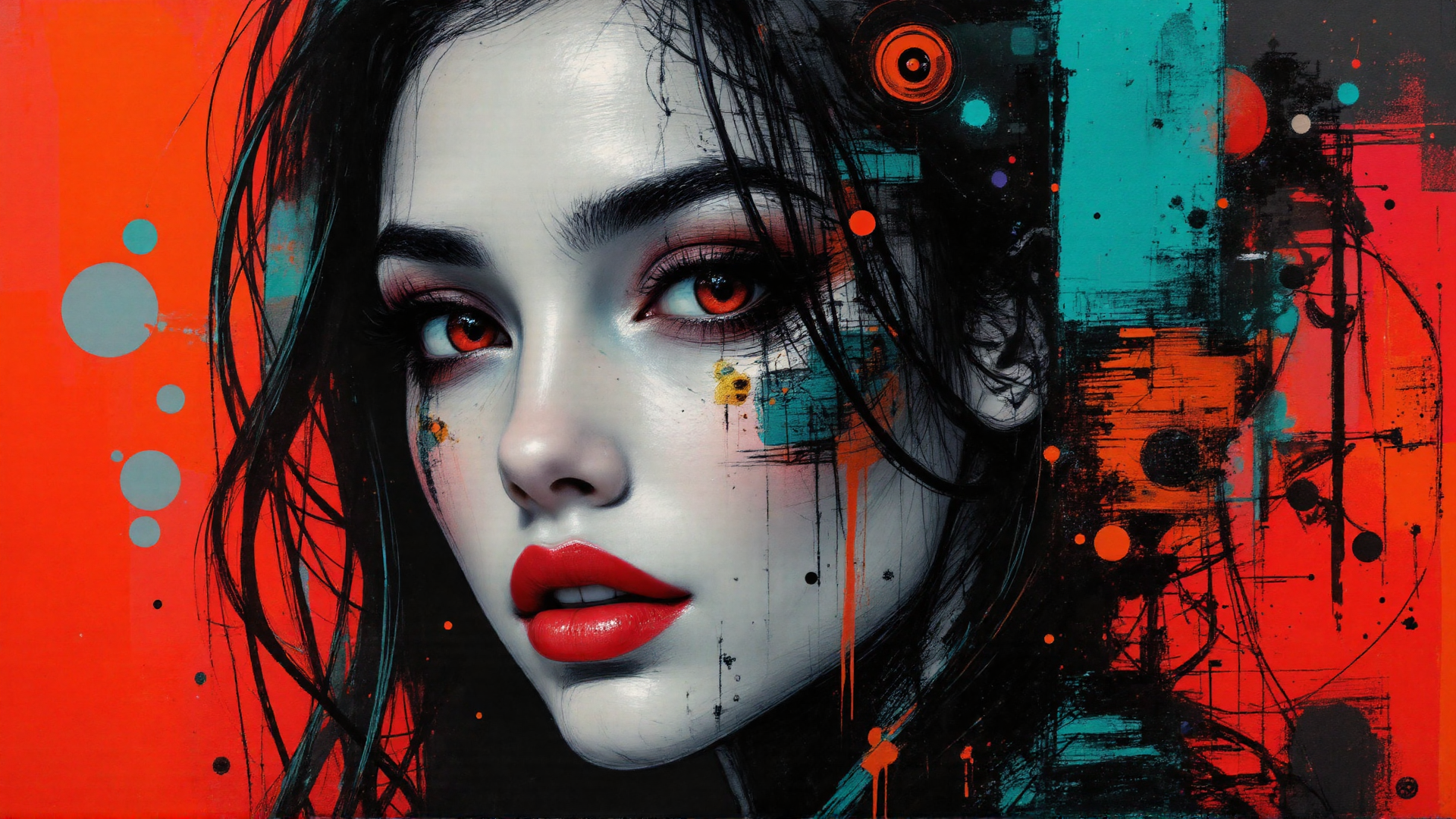 AI generated wallpaper featuring woman, face, hair, paint, dots, splotch