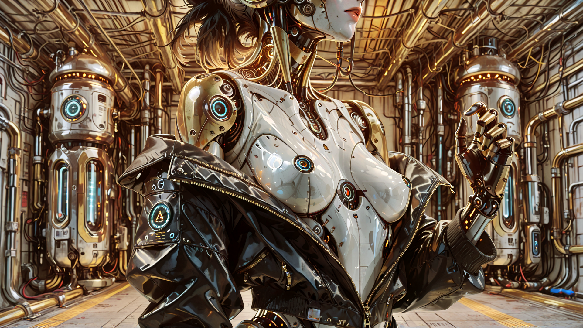 AI generated wallpaper featuring robot, cyborg, mechanical, suits, gloves, pipes, machinery, robotic, humanoid, cybernetic