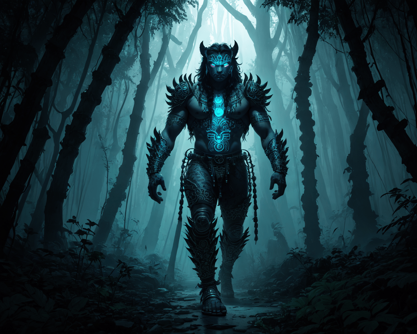 AI generated wallpaper featuring demon, forest, warrior