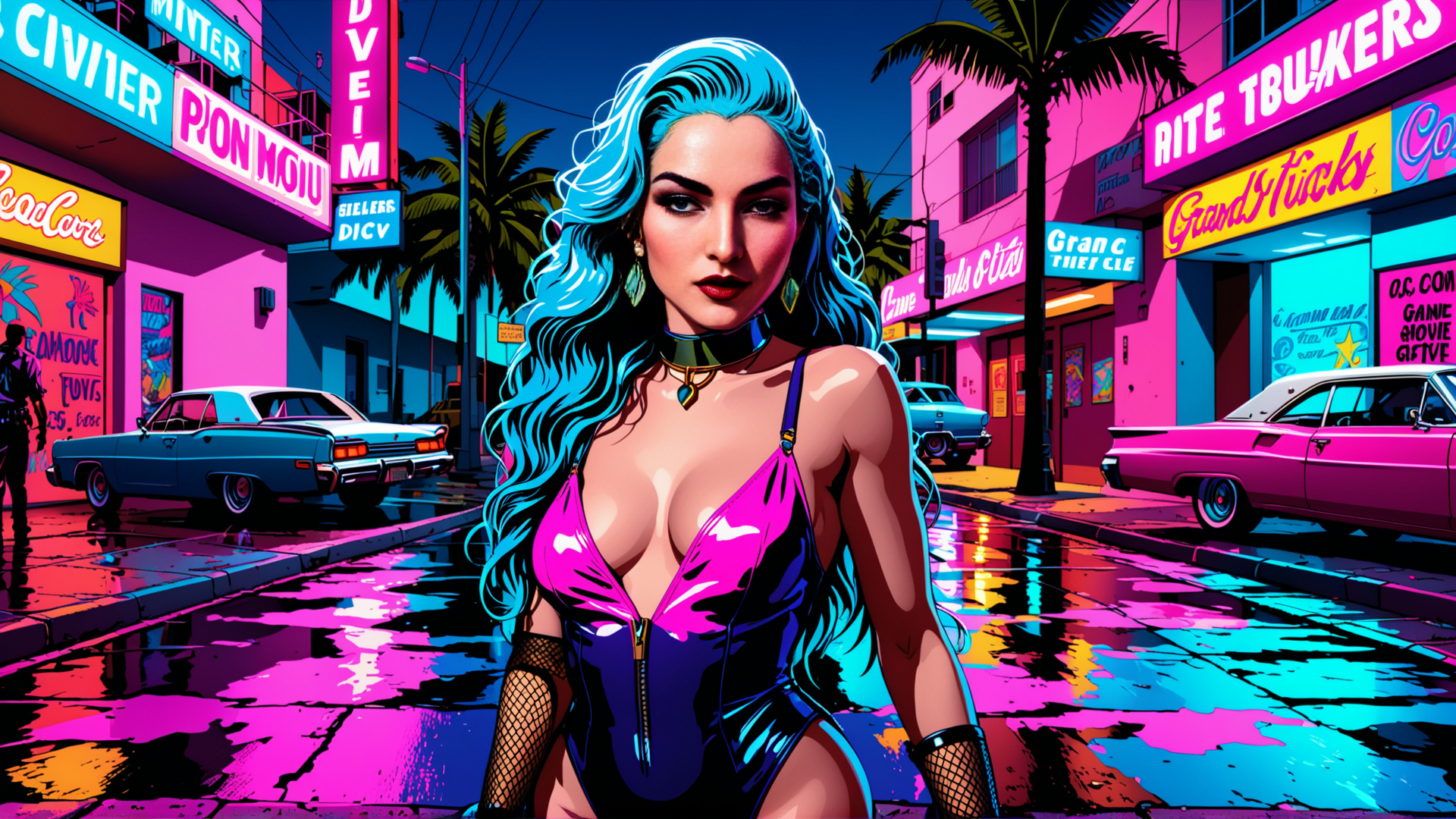 AI generated wallpaper featuring woman, street, cars