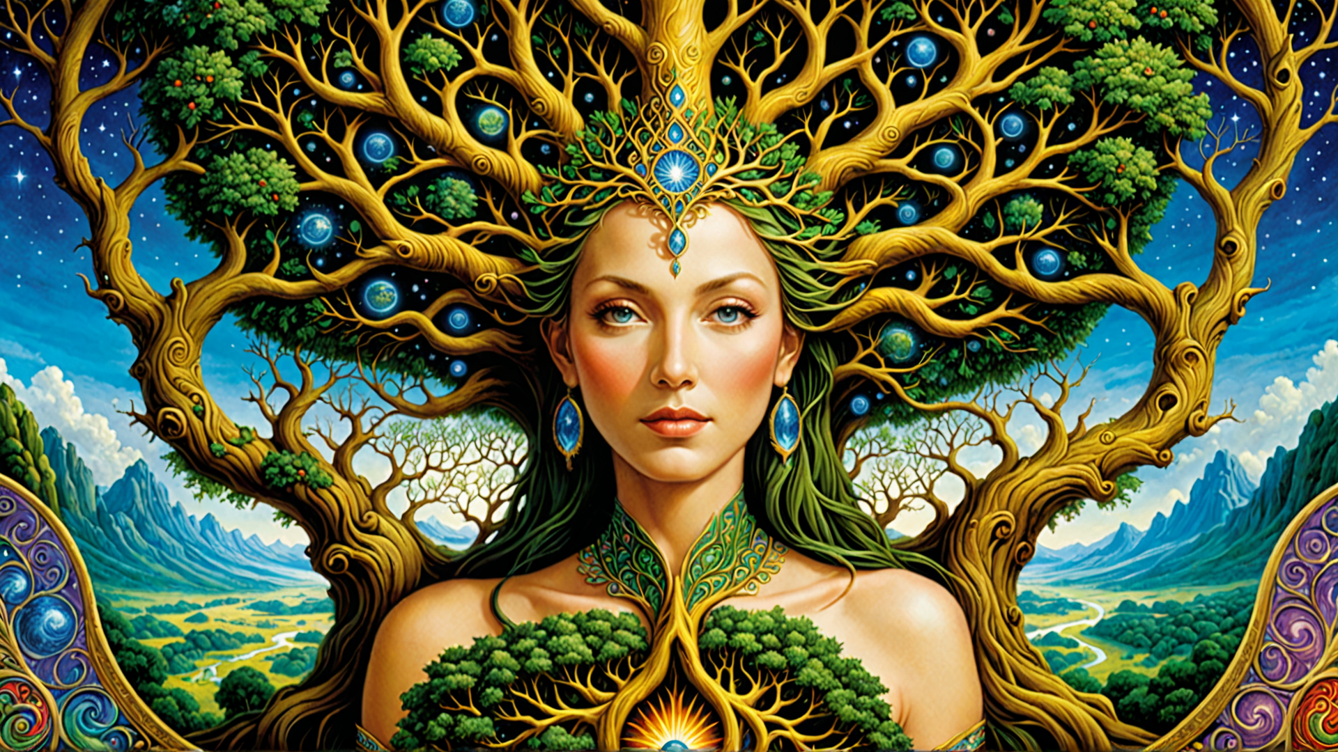 AI generated wallpaper featuring tree, woman, nature, goddess, earth, soul