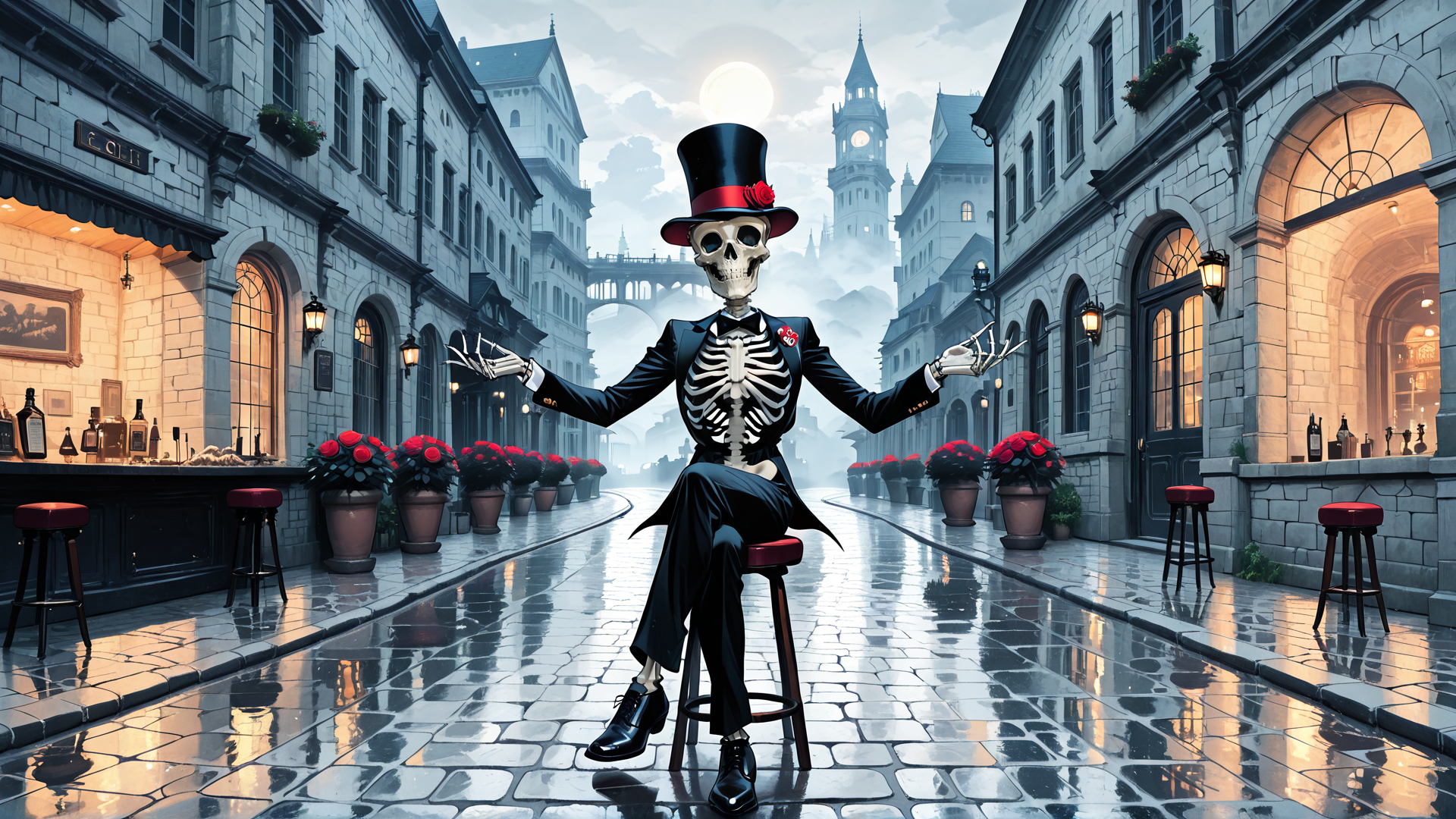 AI generated wallpaper featuring skeleton, top hat, suit, stool, cobblestone, buildings, roses, moon, street, bar