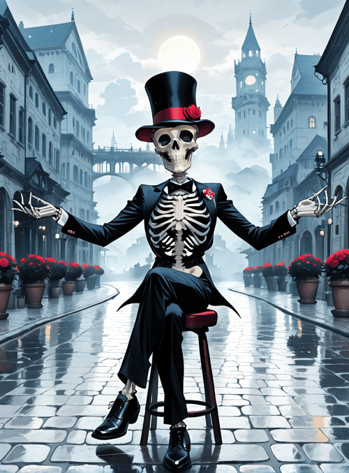 skeleton, top hat, suit, stool, cobblestone, buildings, roses, moon, street, bar