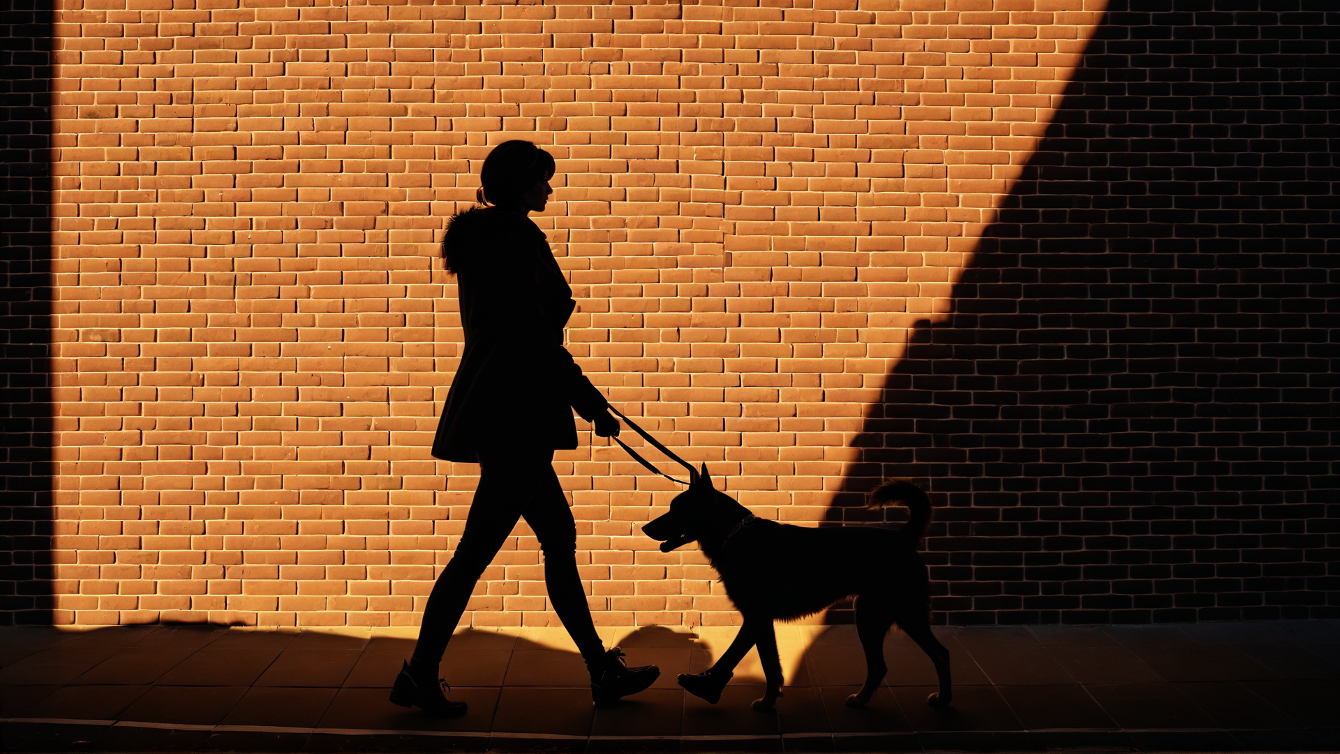 AI generated wallpaper featuring woman, dog, brick wall, shadow