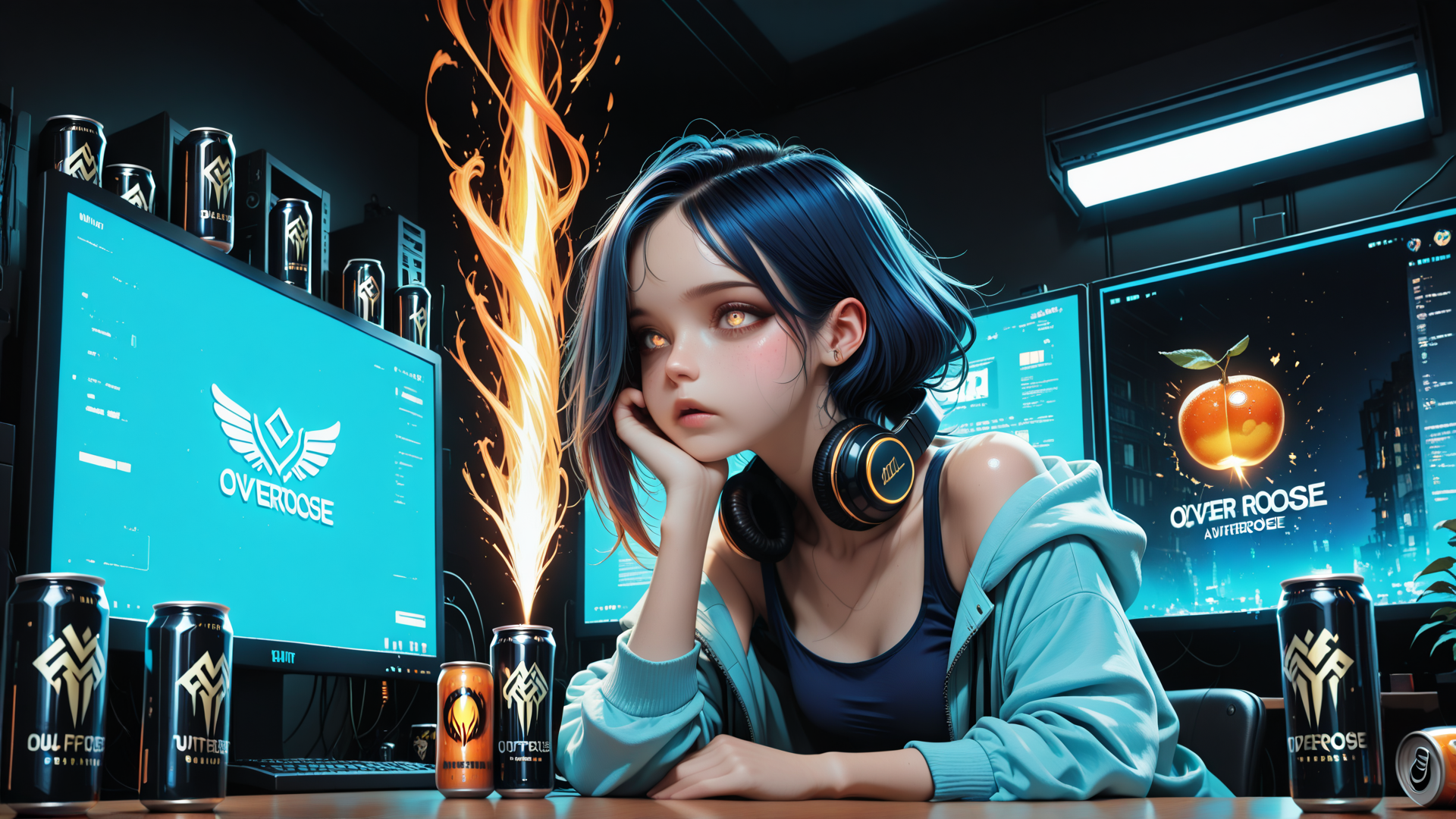 AI generated wallpaper featuring girl, headphones, computer, monitor, can, fire