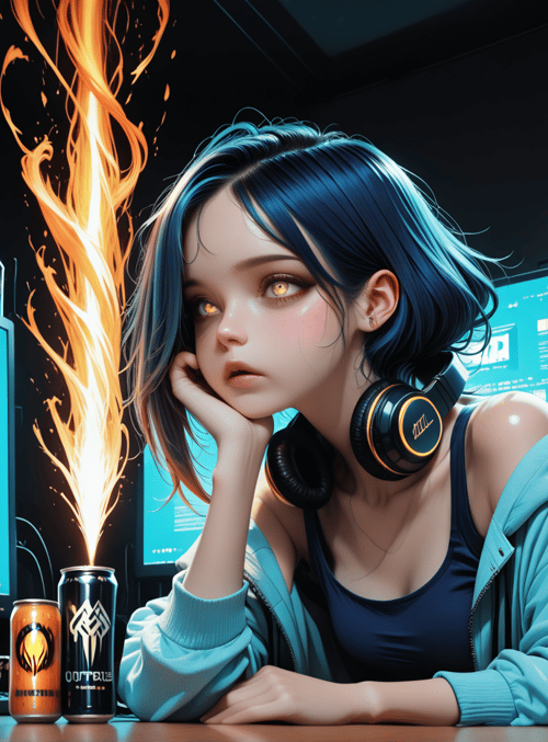 girl, headphones, computer, monitor, can, fire