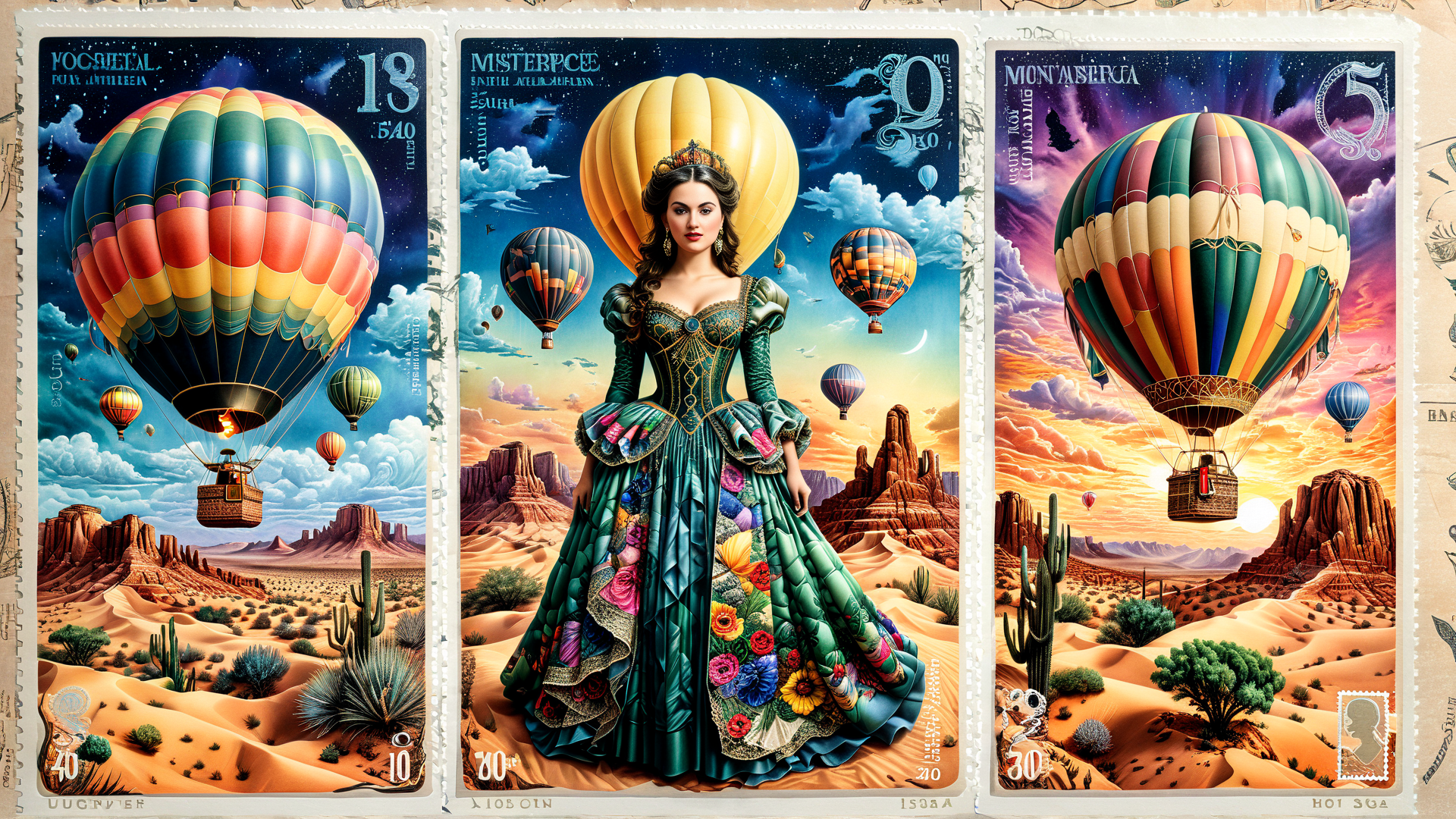 AI generated wallpaper featuring queen, hot air balloons, desert
