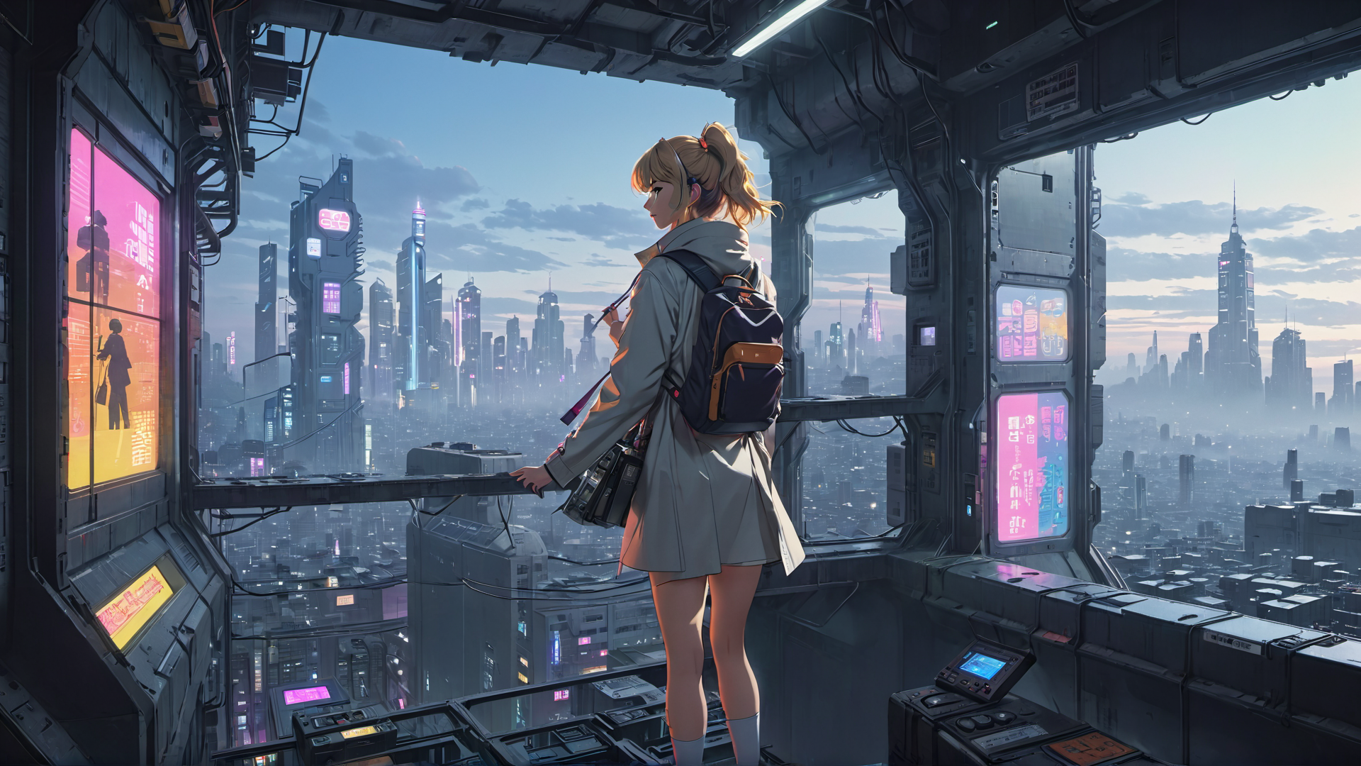 AI generated wallpaper featuring girl, cityscape, future