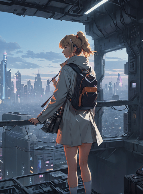girl, cityscape, future