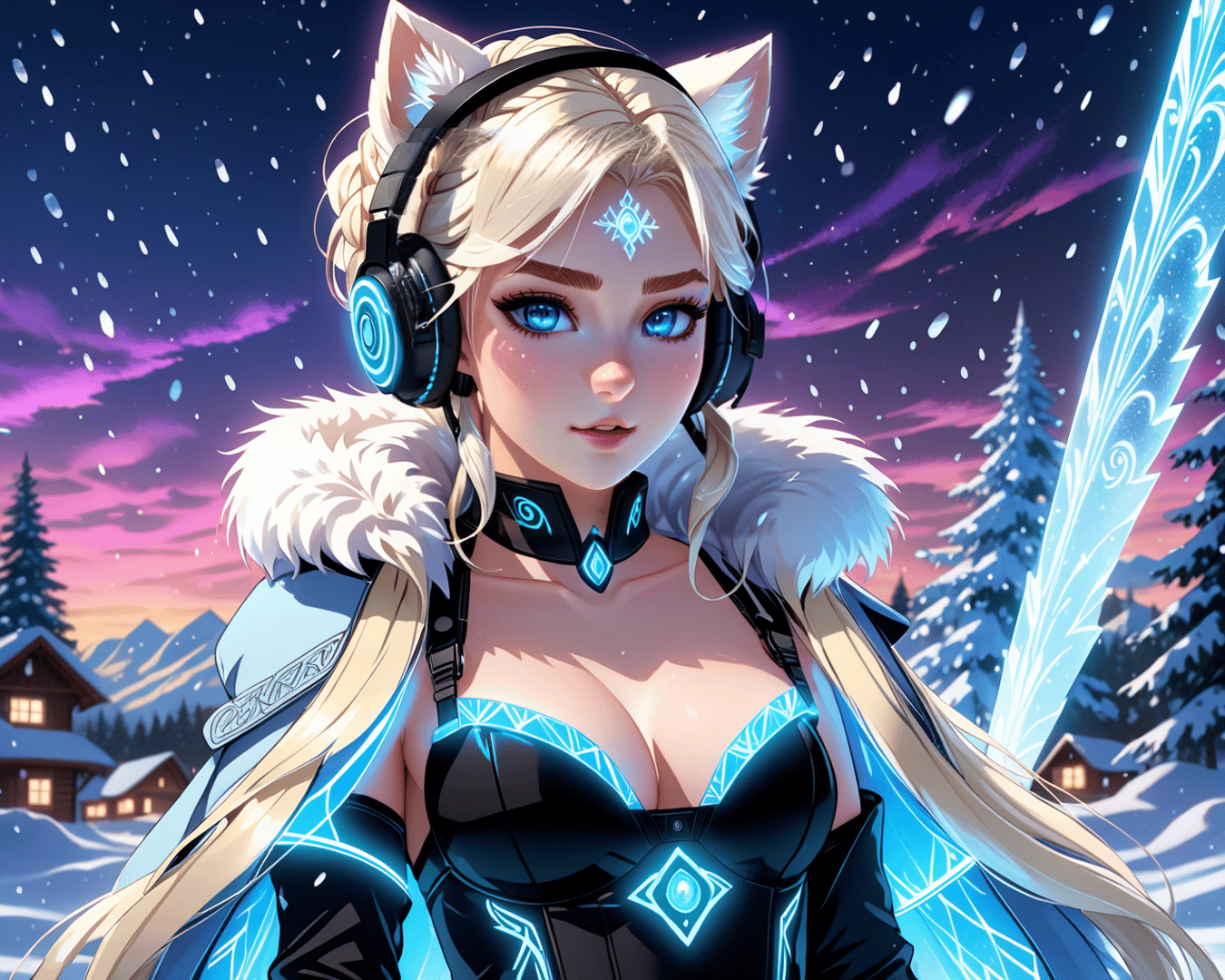 AI generated wallpaper featuring cat-eared woman, sword, headphones