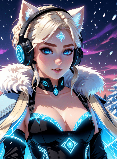 cat-eared woman, sword, headphones