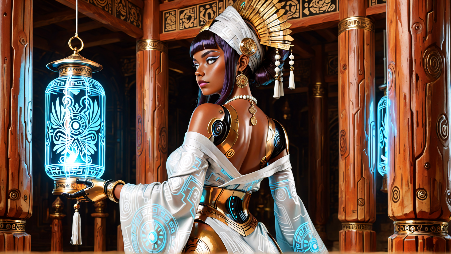 AI generated wallpaper featuring woman, lantern, columns, headdress, jewelry, armor, robe