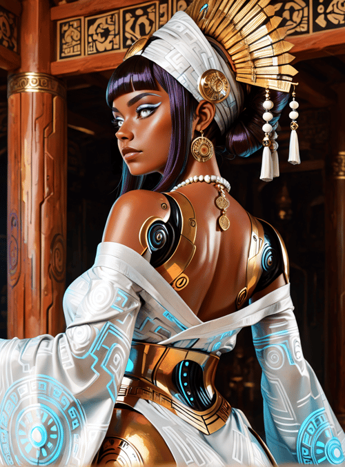 woman, lantern, columns, headdress, jewelry, armor, robe