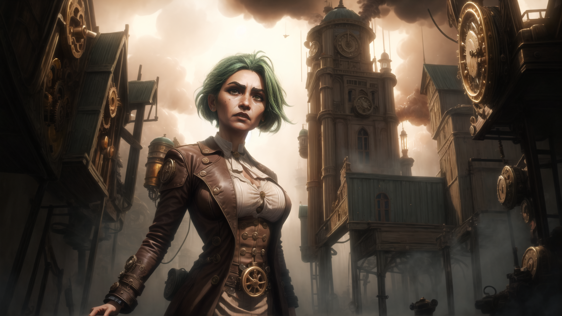 AI generated wallpaper featuring woman, steampunk, cityscape