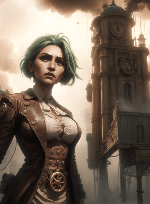 woman, steampunk, cityscape