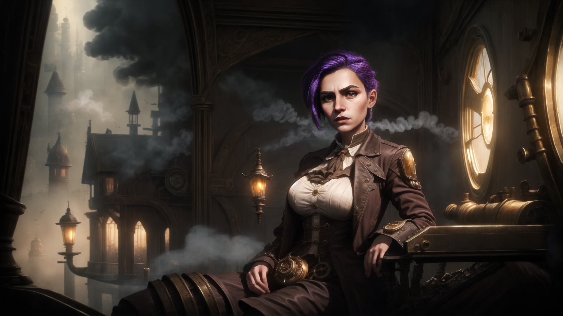 AI generated wallpaper featuring woman, steampunk, cityscape