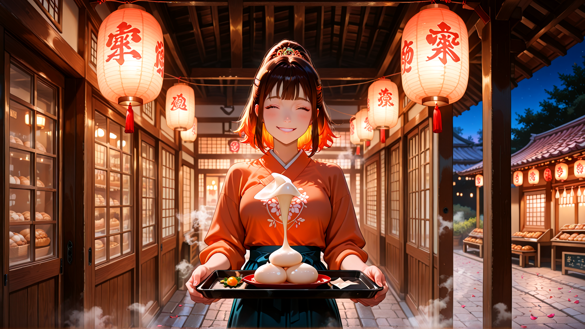 AI generated wallpaper featuring woman, lanterns, street, food, tray, traditional, buns, bakery, lanterns, cherry blossoms
