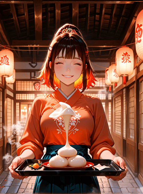woman, lanterns, street, food, tray, traditional, buns, bakery, lanterns, cherry blossoms