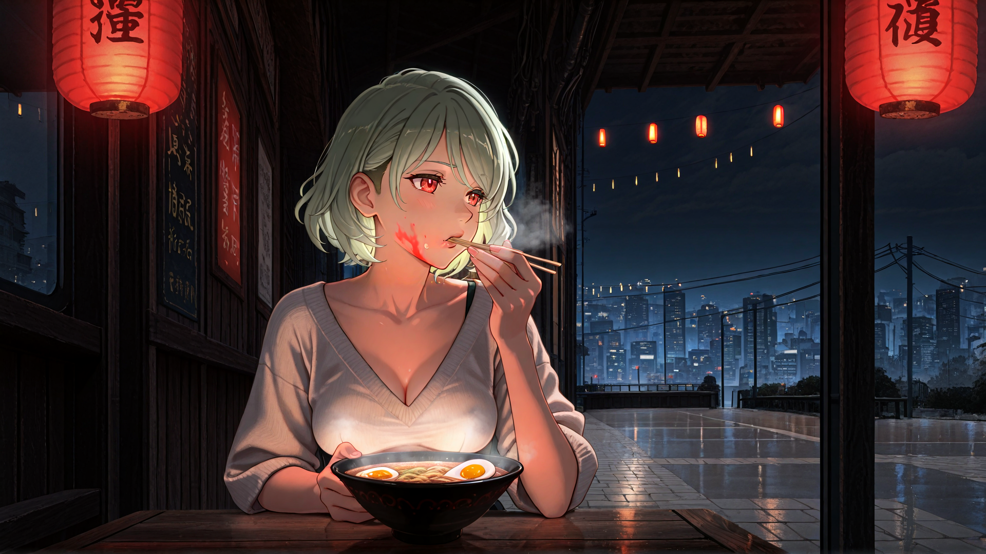 AI generated wallpaper featuring girl, noodle, lantern, city, chopsticks, egg