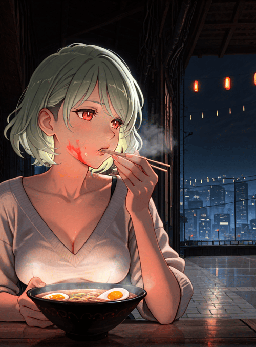 girl, noodle, lantern, city, chopsticks, egg